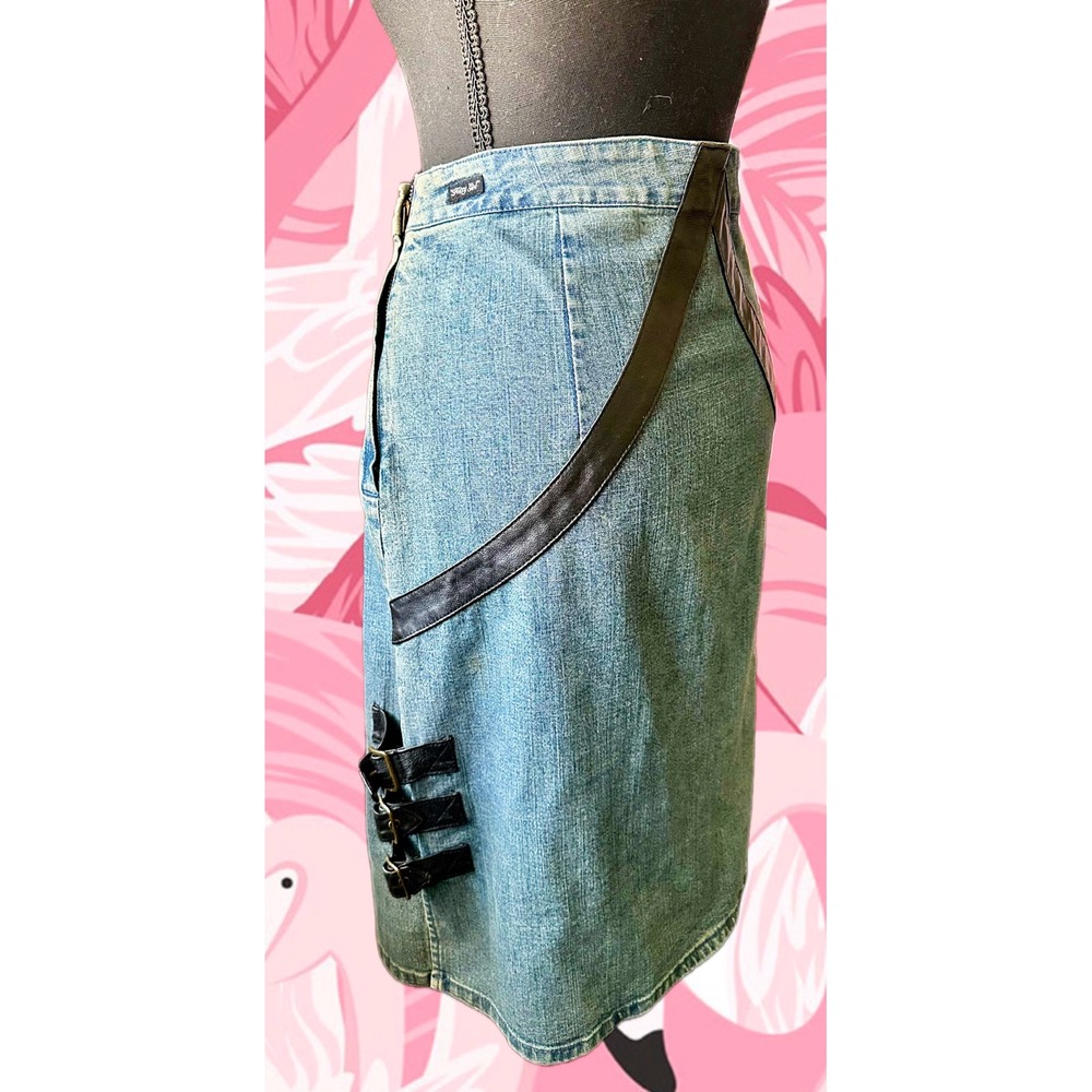 Vintage FUBU Fatty Girl Denim Midi Skirt Blue Buckle Leather Trim Y2K W9/10‎